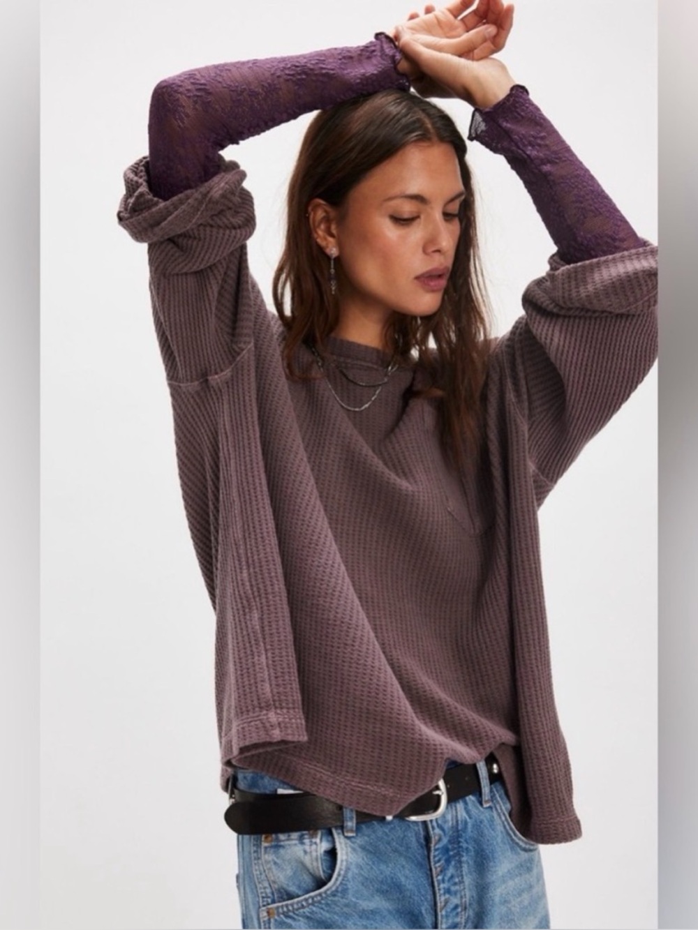 Free People Dusty Mauve Waffle-Knit Long Sleeve Top